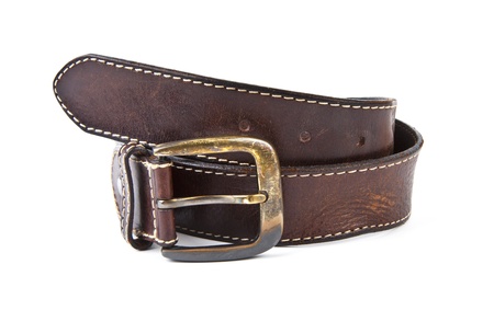 Brown men's belt with bronze clasp on white background の写真素材