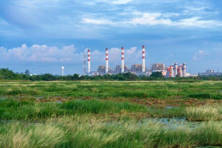 Thermal power plant with lagoon. Bangpakong Powerplant, Chonburi, Thailandの写真素材