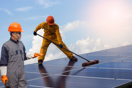 engineering man checking of solar cell.the concept of work on solar cell.の写真素材