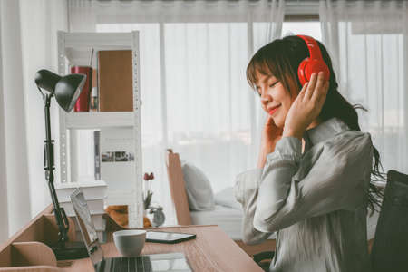 Business woman working on laptop in the office room background textures concept.の写真素材