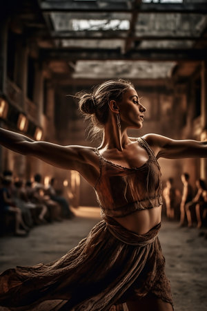 Beautiful young woman dancing in a dark room. Tribal dance.の素材