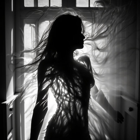 Silhouette of a beautiful woman with long hair in the roomの素材