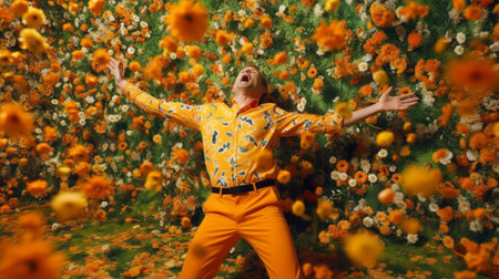 Beautiful woman in a yellow shirt and orange pants in a field of flowersの素材