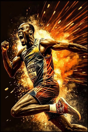 The sportsman in action on a black background. Mixed media.の素材