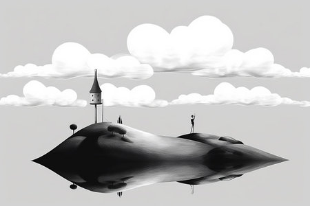3d illustration of a flying saucer with a church in the backgroundの素材