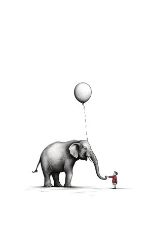 elephant and man with balloon on white background - illustration for childrenの素材
