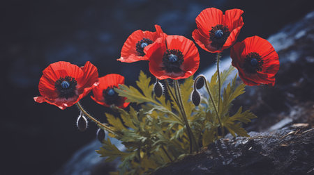 Red poppies on a rock in the mountains. Vintage styleの素材