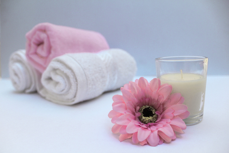 Flower and candle towels for relaxing massageの写真素材