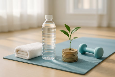 Minimal Yoga Mat With Plant Towel And Water Bottle 021125の素材