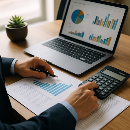 Accountant Reviewing Charts With Calculator 021125の素材