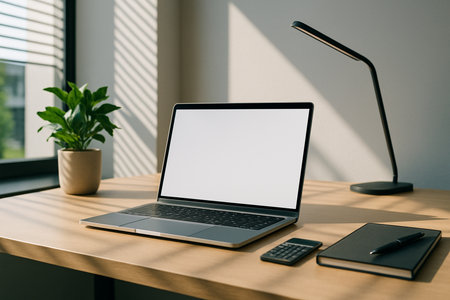 Clean Minimal Workspace With Laptop And Notebook 021125の素材