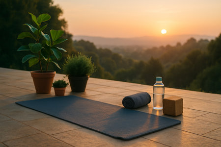 Sunrise Yoga Mat With Greenery Background 021125の素材