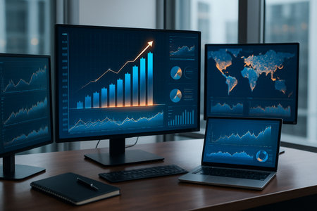 Multi Monitor Trading Setup In Dark Room 021125の素材