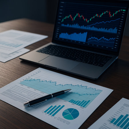 Laptop With Reports And Blue Market Graph 021125の素材