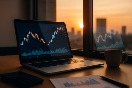 Evening Trading Desk With Graphs On Laptop 021125の素材