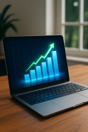 Open Laptop Showing Blue Uptrend In Office 021125の素材