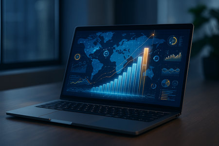 Nighttime Laptop With World Map Finance Screen 021125の素材