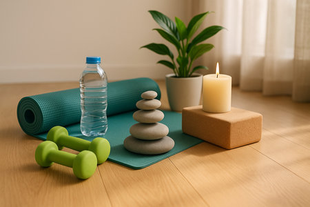 Zen Yoga Setup With Dumbbells And Candles 021125の素材