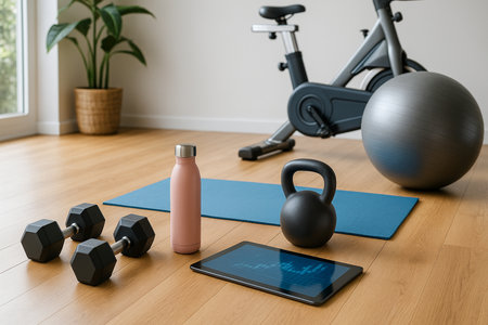 Gym Equipment On Floor With Kettlebells 021125の素材