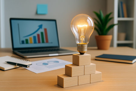 Lightbulb On Wooden Blocks In Modern Office 021125の素材