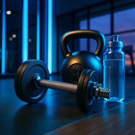 Metal Kettlebell And Water Bottle On Wooden Floor 021125の素材