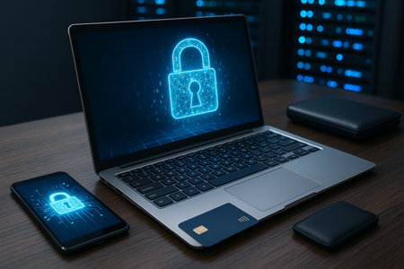 Cybersecurity Lock On Laptop In Dark Office 021125の素材