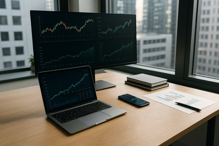 Dark Office Desk With Monitors And Keyboard 021125の素材