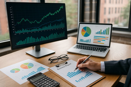 Office Desk With Laptops And Reports Stock Charts 021125の素材