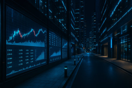 Dark Glass Corridor With Led Stock Tickers 021125の素材