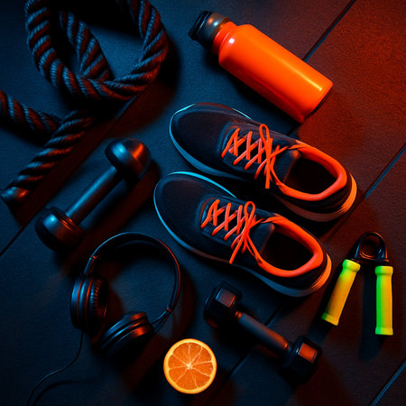 Orange Sports Shoes And Gym Accessories On Dark Background 021125の素材