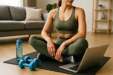 Woman Preparing For Home Fitness Session 021125の素材