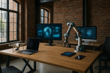 Tech Lab With Robot Arms And Dual Monitors 021125の素材