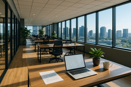 Long Table Office With Windows And Monitors 021125の素材