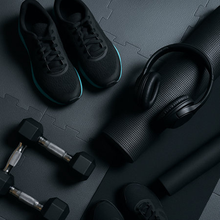 Training Shoes And Dumbbells On Dark Floor 021125の素材