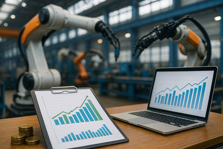 Industrial Robot Arm With Laptops Showing Growth 021125の素材