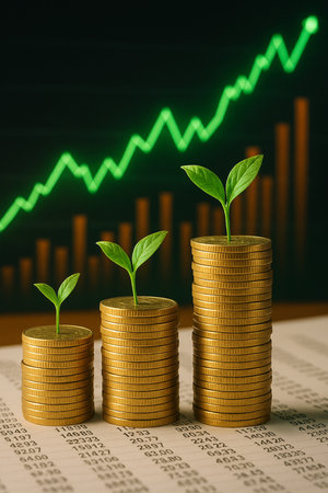 Gold Coins Stacks With Rising Bar Overlay 021125の素材