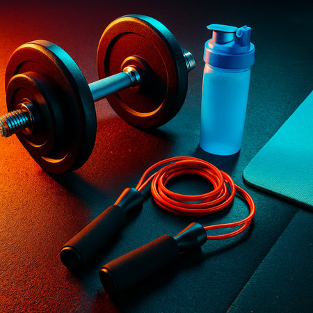 Red Blue Gym Equipment Closeup Shot 021125の素材