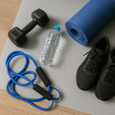 Flat Lay Fitness Gear With Mat And Water 021125の素材