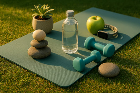 Yoga Mat With Fruits And Water In Park 021125の素材