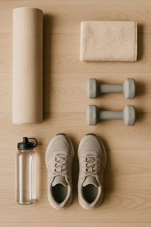 Flatlay Yoga Mat Shoes And Towel On Floor 021125の素材