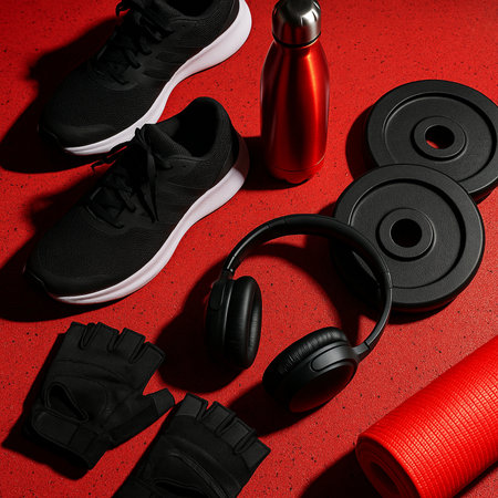 Black Fitness Gear Set With Red Mat And Headphones 021125の素材