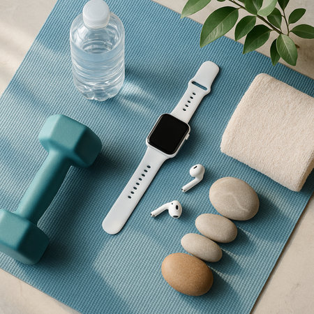 Smartwatch And Gym Accessories On Mat 021125の素材