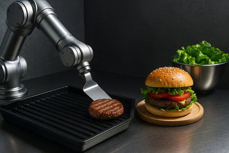 Robot Cooking Burger On Grill 031125の素材