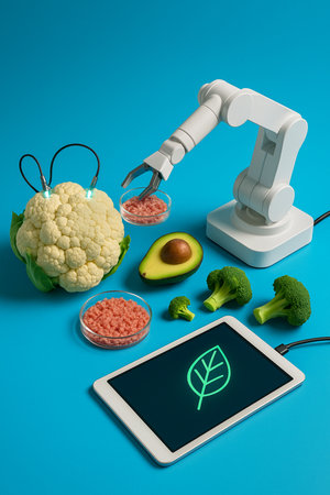 Robot Arm With Tablet Monitoring Vegetables 031125の素材