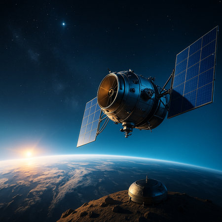 Space Satellite Over Earth At Sunrise 041125の素材