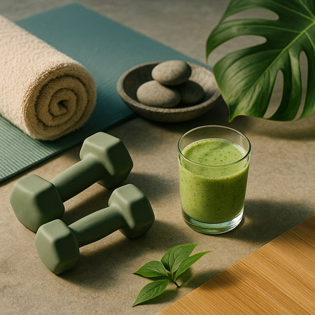 Yoga Gear With Dumbbells And Green Smoothie 041125の素材