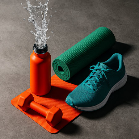 Gym Equipment With Water Splash And Running Shoes 041125の素材