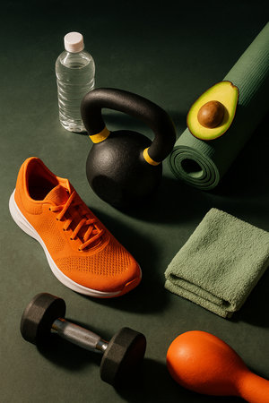 Gym Accessories With Orange Shoes And Weights 041125の素材