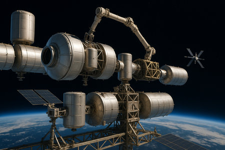 Space Station With Robotic Arm In Orbit 041125の素材