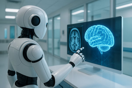 Robot And Human Analyzing Brain Data 051125の素材